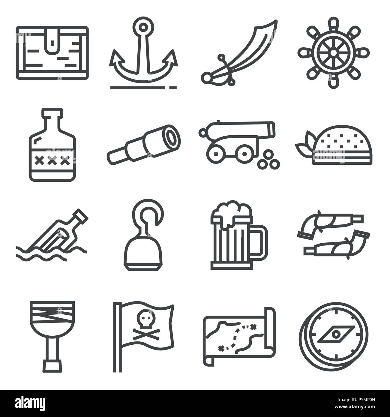 Pirates icons set. Sabre, bandana, crochet, coffre de trésor cannon anchor site rum Illustration de Vecteur