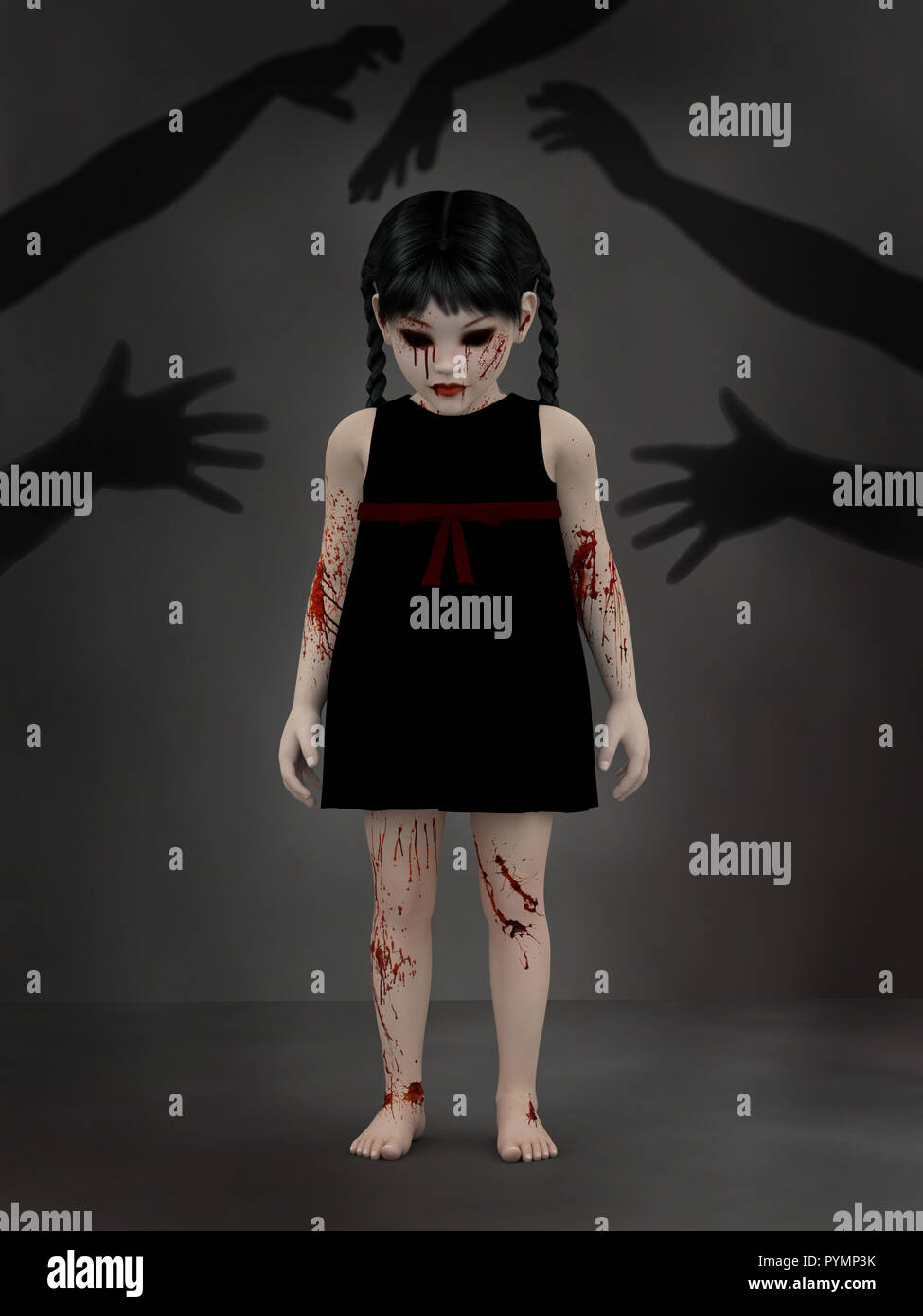 Le rendu 3D d'un mal à la gothique, couverts de sang petite fille debout avec les ombres des mains tendues pour elle, comme elle est hantée par des monstres. Banque D'Images