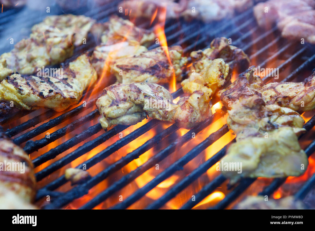 De nombreux textes de différentes sortes de viande grillées sur un Barbecue grill. Focus sélectif. Banque D'Images