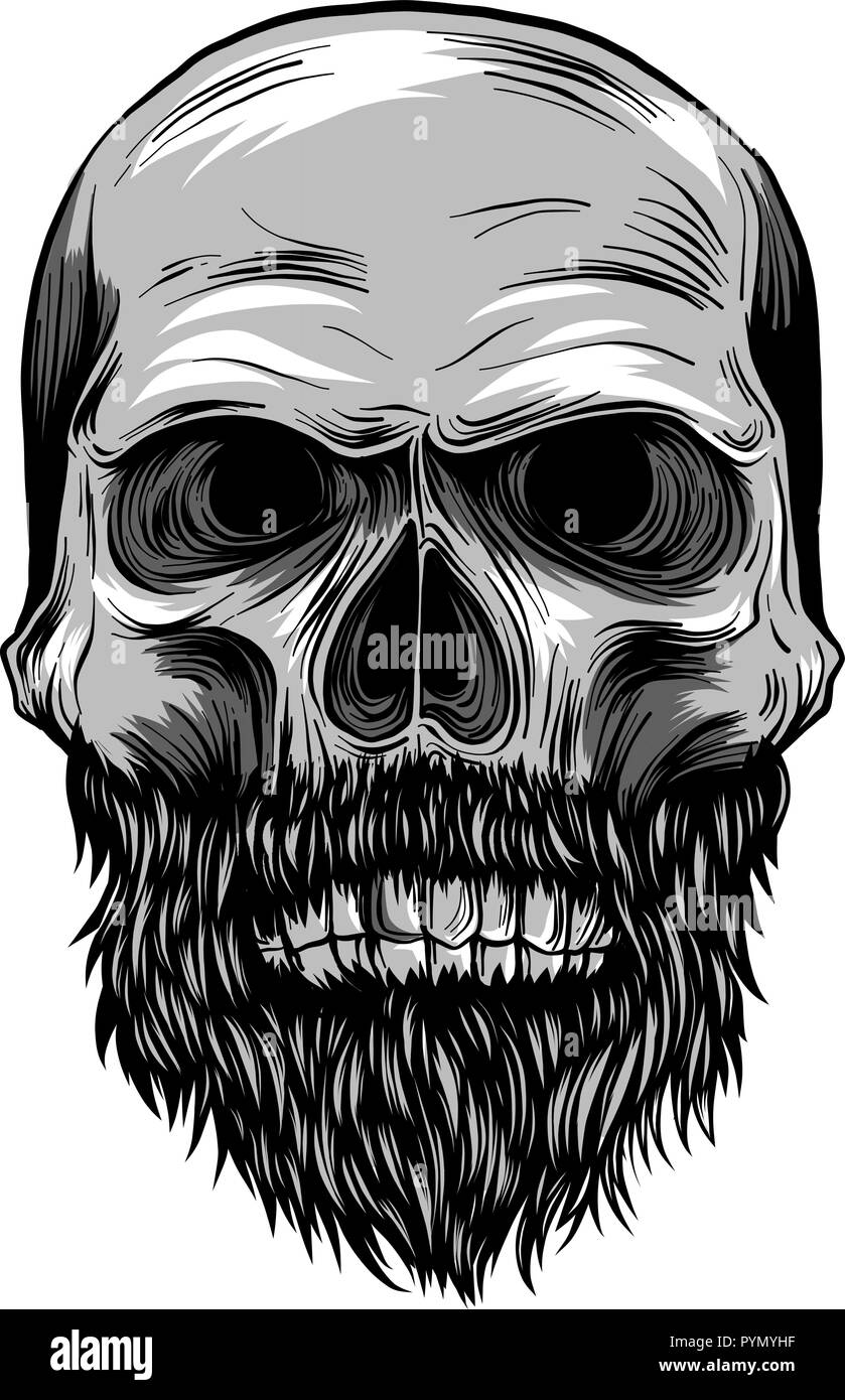 Illustration monochrome de hipster crâne avec moustache et barbe. Illustration de Vecteur