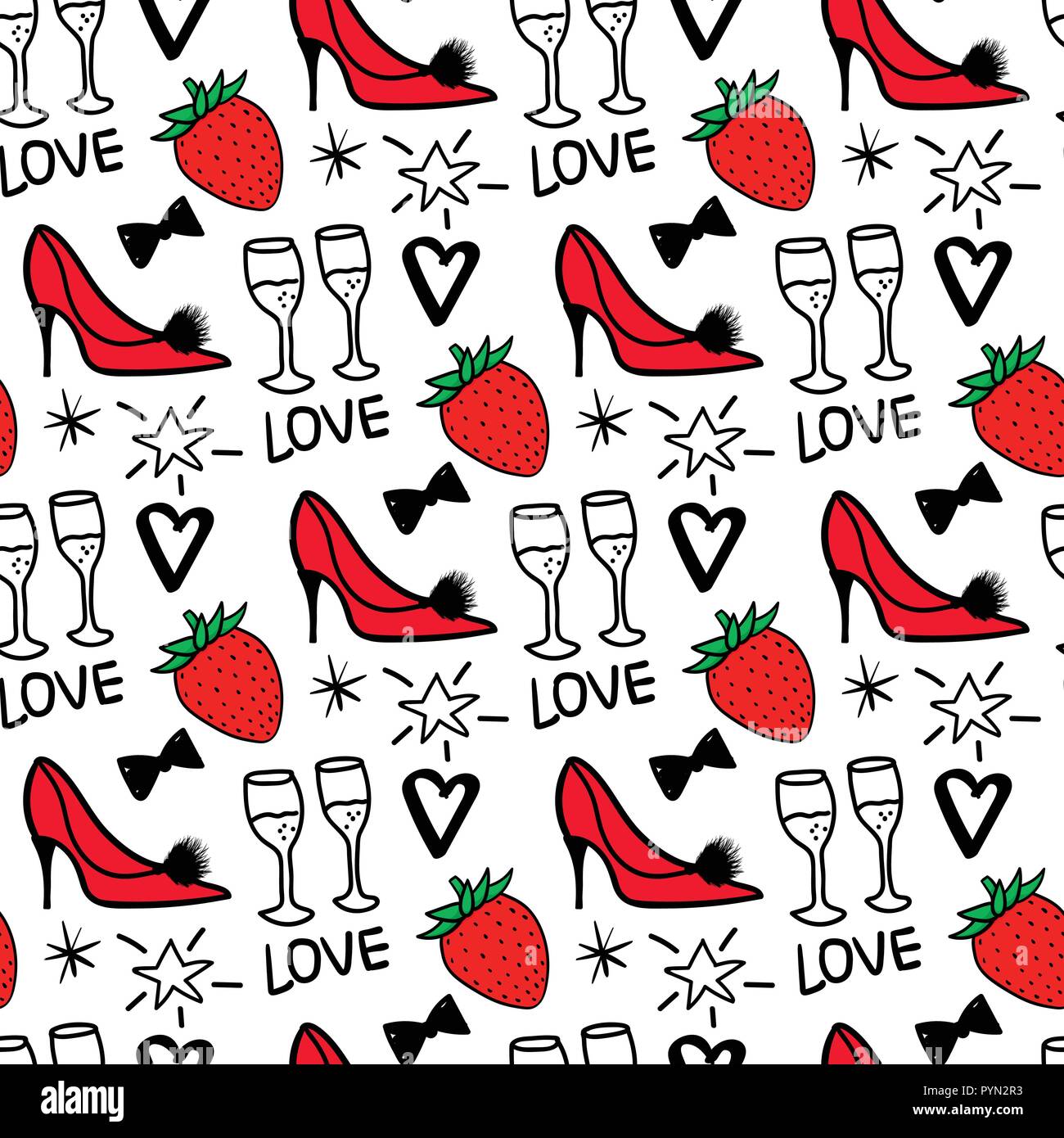 Modèle sans couture. Joyeux Noël et Bonne année croquis de mode femmes chaussure élégante célébration, champagne avec des fraises. Hand drawn Vector illustration isolé sur fond blanc. Illustration de Vecteur