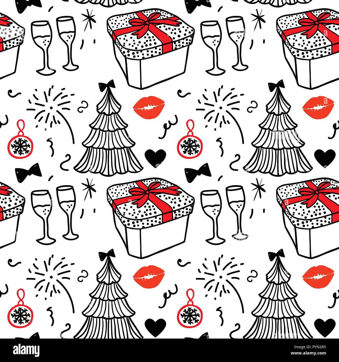 Modèle sans couture. Joyeux Noël et Bonne année croquis de mode boîte cadeau fête, arbre et d'artifice. Hand drawn Vector illustration isolé sur fond blanc. Illustration de Vecteur