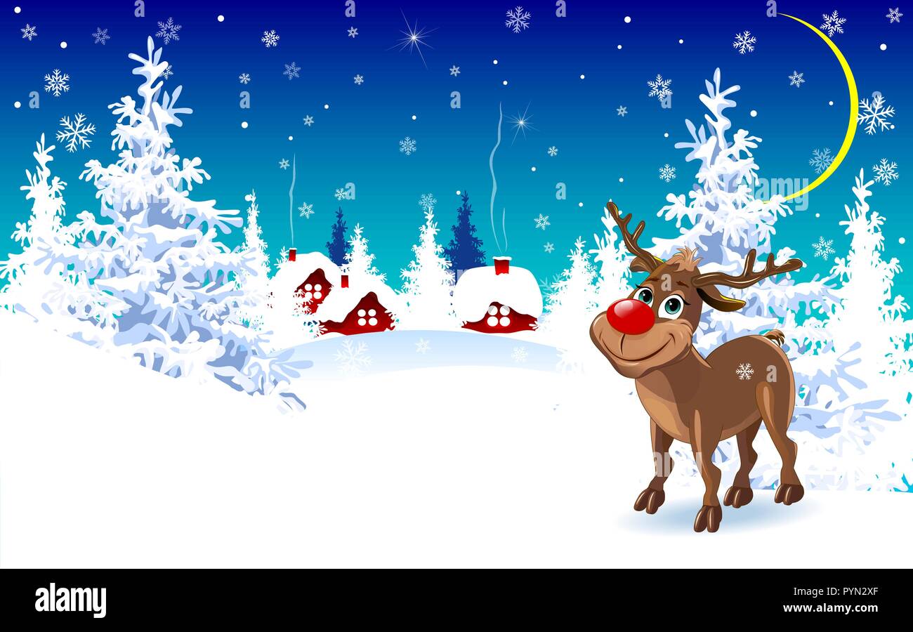 Cartoon cerfs sur un fond d'hiver. Le cerf sur le fond d'une forêt d'hiver et un village couvert de neige. Illustration de Vecteur