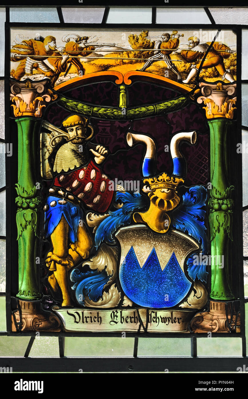 L'allemand vitraux 17ème siècle dans le musée d'Art ancien dans le Castello Sforzesco - Château des Sforza à Milan Italie Banque D'Images