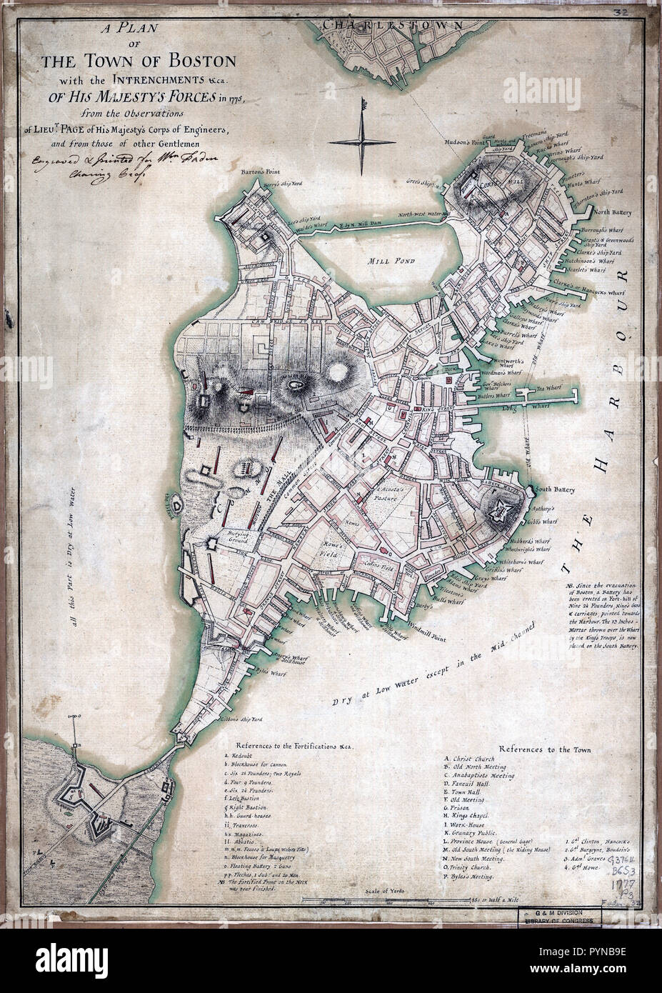 Vintage Maps / Cartes anciennes - un plan de la ville de Boston avec l'intrenchments &ca. Des forces de Sa Majesté en 1775 Banque D'Images