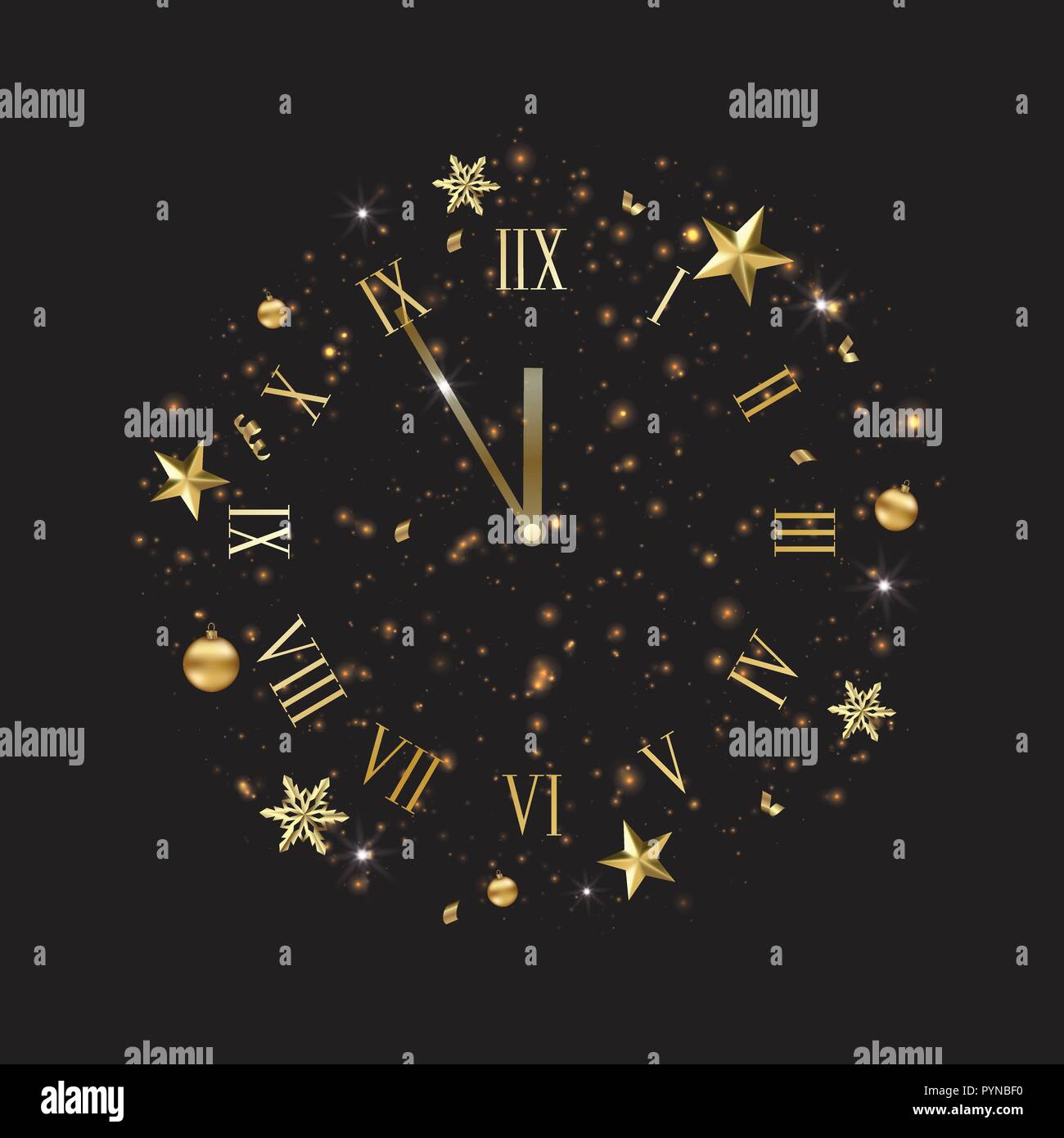 Nouvelle année fond doré avec des boules de Noël, des étoiles et de l'horloge vintage. Vector illustration avec place pour le texte. Illustration de Vecteur