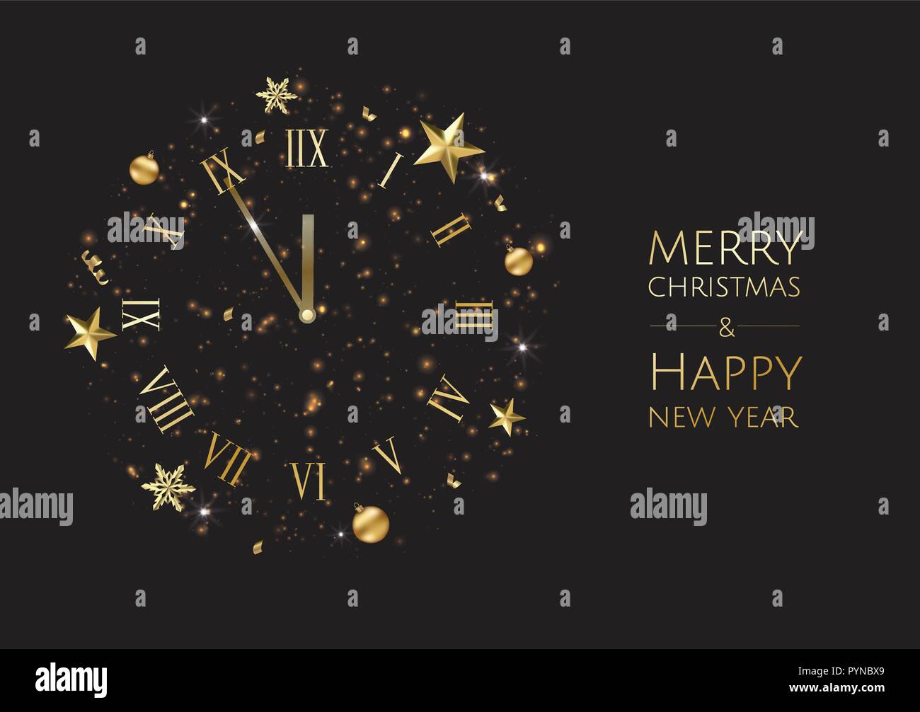 Nouvelle année fond doré avec des boules de Noël, des étoiles et de l'horloge vintage. Vector illustration avec place pour le texte. Illustration de Vecteur