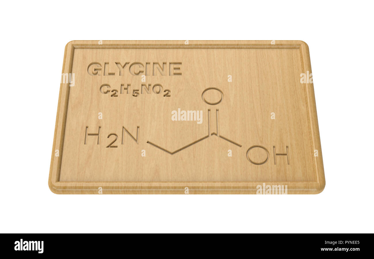 Modèle structural de la glycine sur la plaque de bois. Le rendu 3D. Banque D'Images