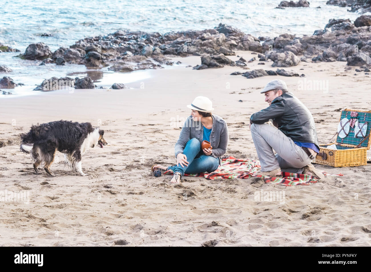 Famille de remplacement avec une dame, un homme et un chien ensemble à la plage bénéficiant d'un pique-nique dans l'amitié et de partenariat. Loisirs de plein air en s'amusant Banque D'Images