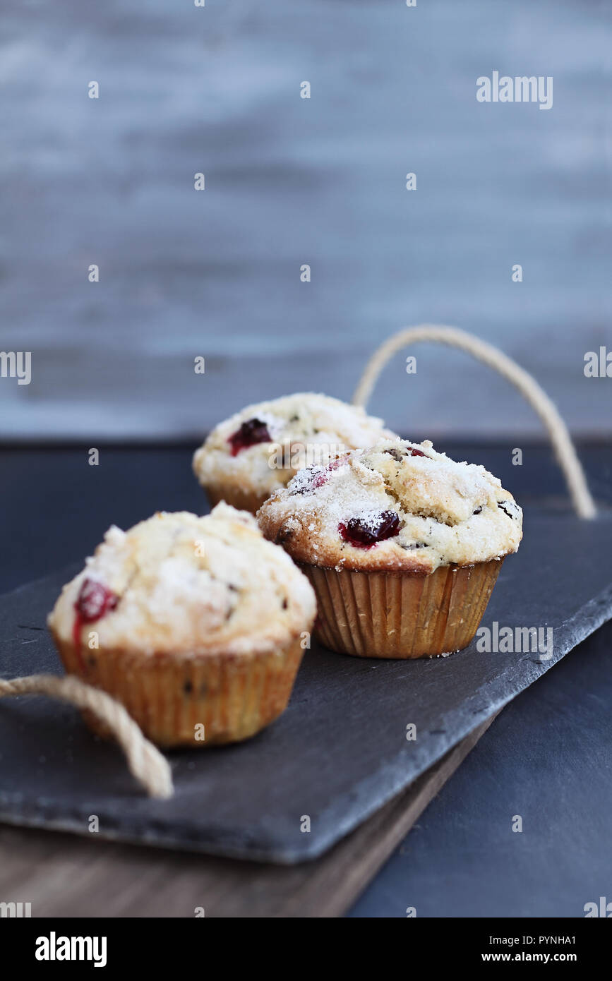 Muffins aux canneberges avec sucre citron garniture sur une ardoise rustique servant des bac. l'extrême profondeur de champ avec l'accent sur le centre de muffin. Banque D'Images Muffins aux canneberges avec sucre citron garniture sur une ardoise rustique servant des bac. l'extrême profondeur de champ avec l'accent sur le centre de muffin. Banque D'Images