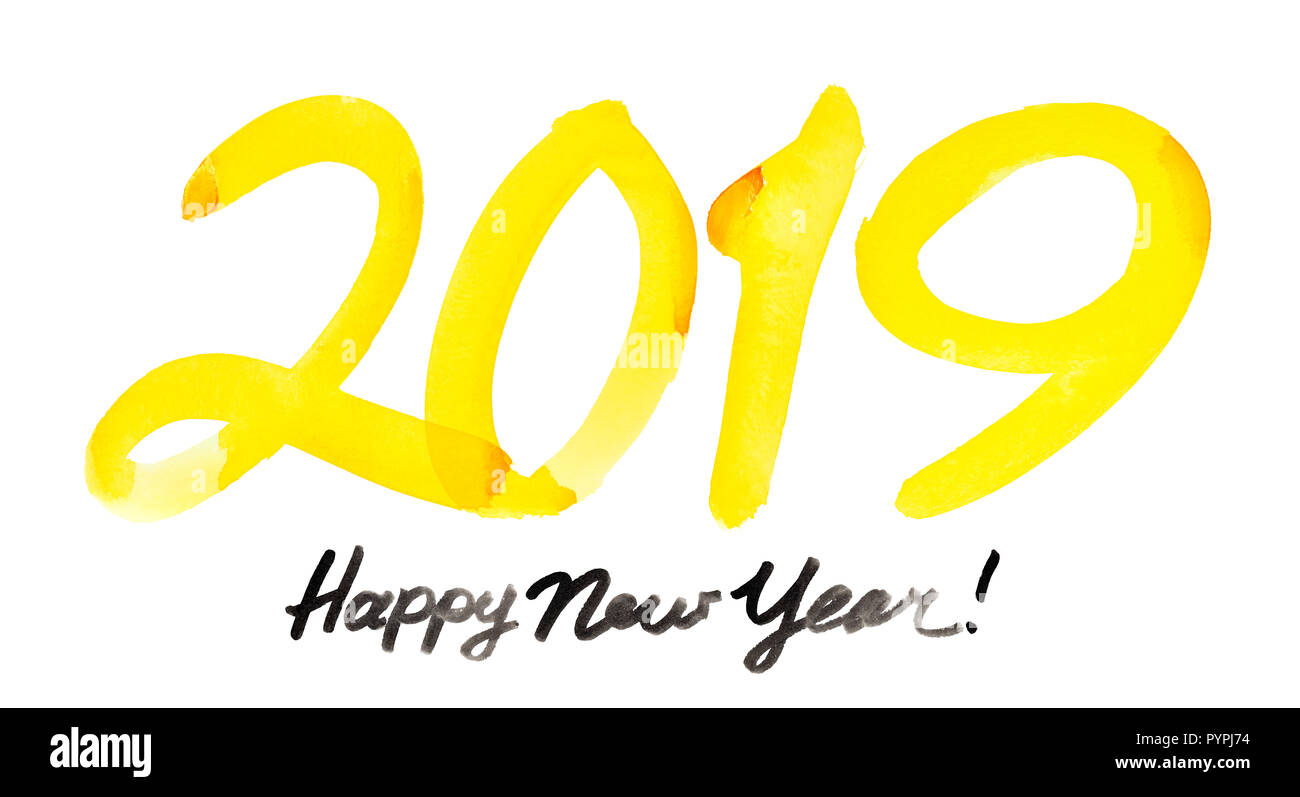 Bonne Année 2019 - lettrage jaune dessiné à la main Banque D'Images