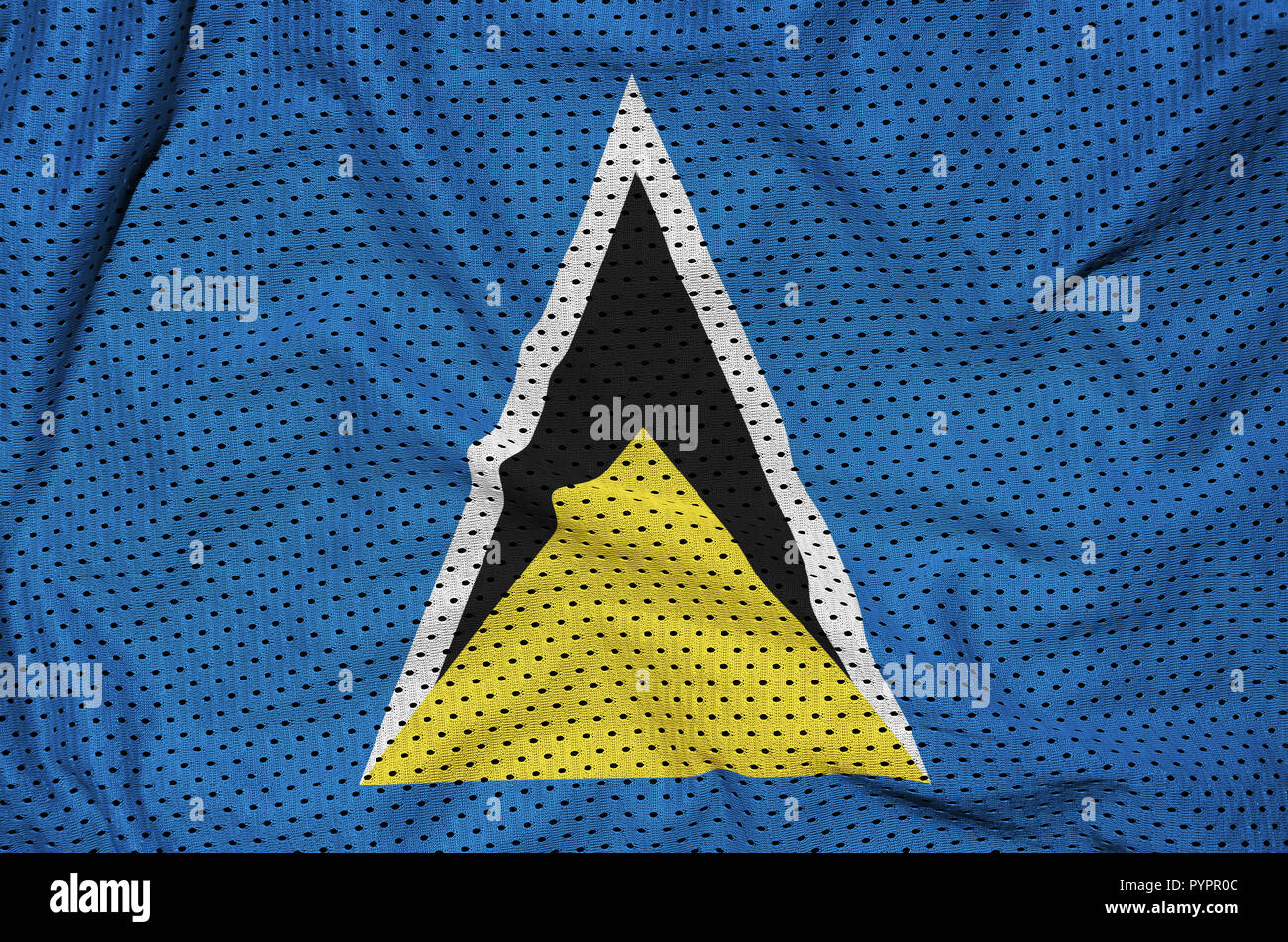 Saint Lucia flag imprimé sur un tissu maille nylon polyester sportswear avec certains plis Banque D'Images