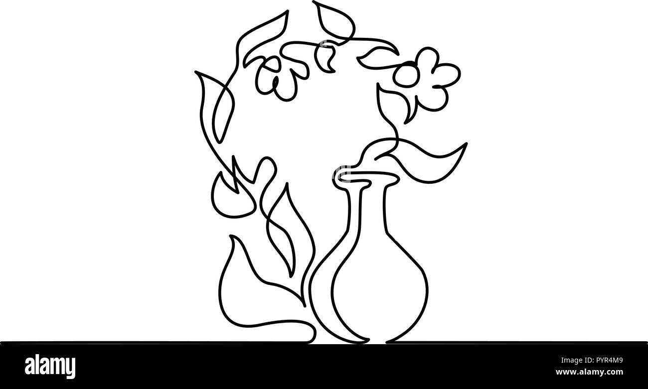 Dessin d'une ligne continue. Aromathérapie cosmétique bouteille et fleurs. Vector illustration Illustration de Vecteur