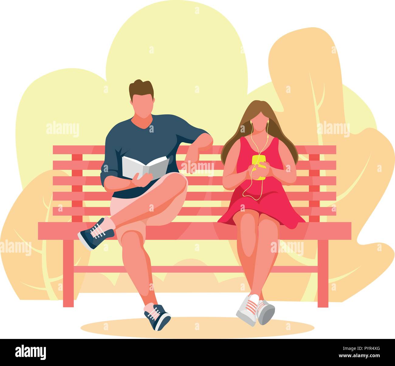 L'homme et la jeune fille assise sur un banc. Femme à l'écoute de la musique. Man reading book. Banc de parc Vector Illustration Illustration de Vecteur