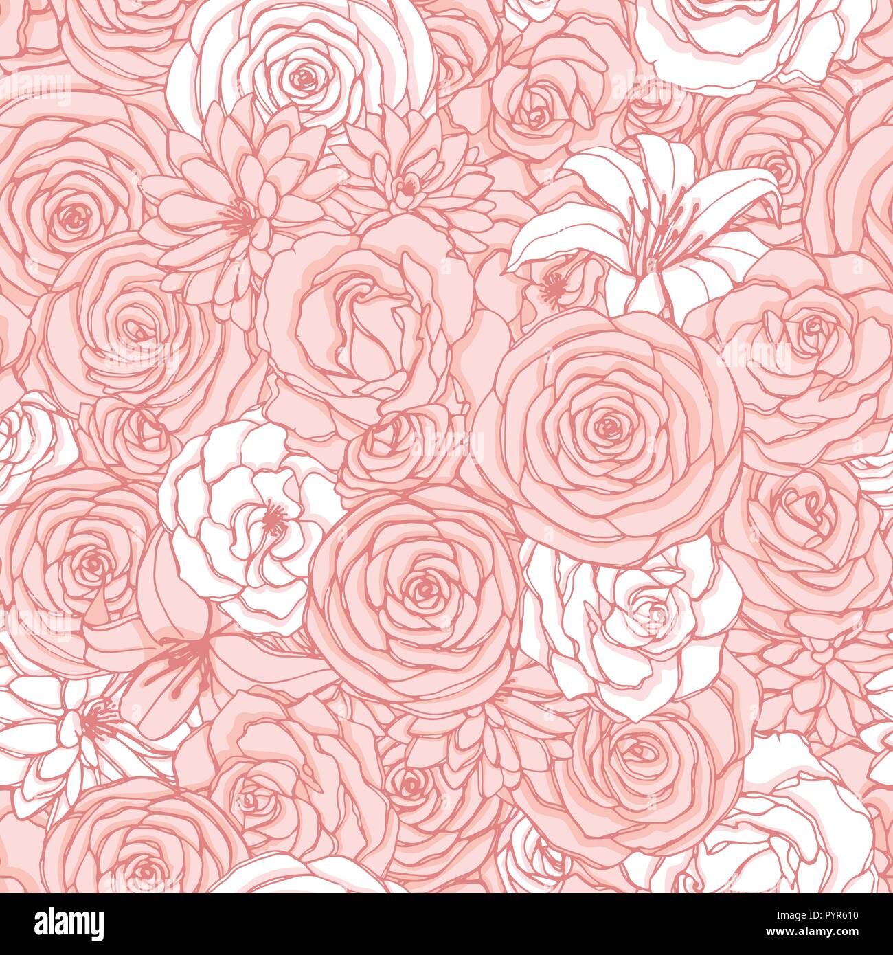 Transparente avec motif vecteur rose, Lily, la pivoine et les chrysanthèmes fleurs de couleurs rose et blanc. Floral dessiné à la main de fleurs en arrière-plan de répétition Illustration de Vecteur