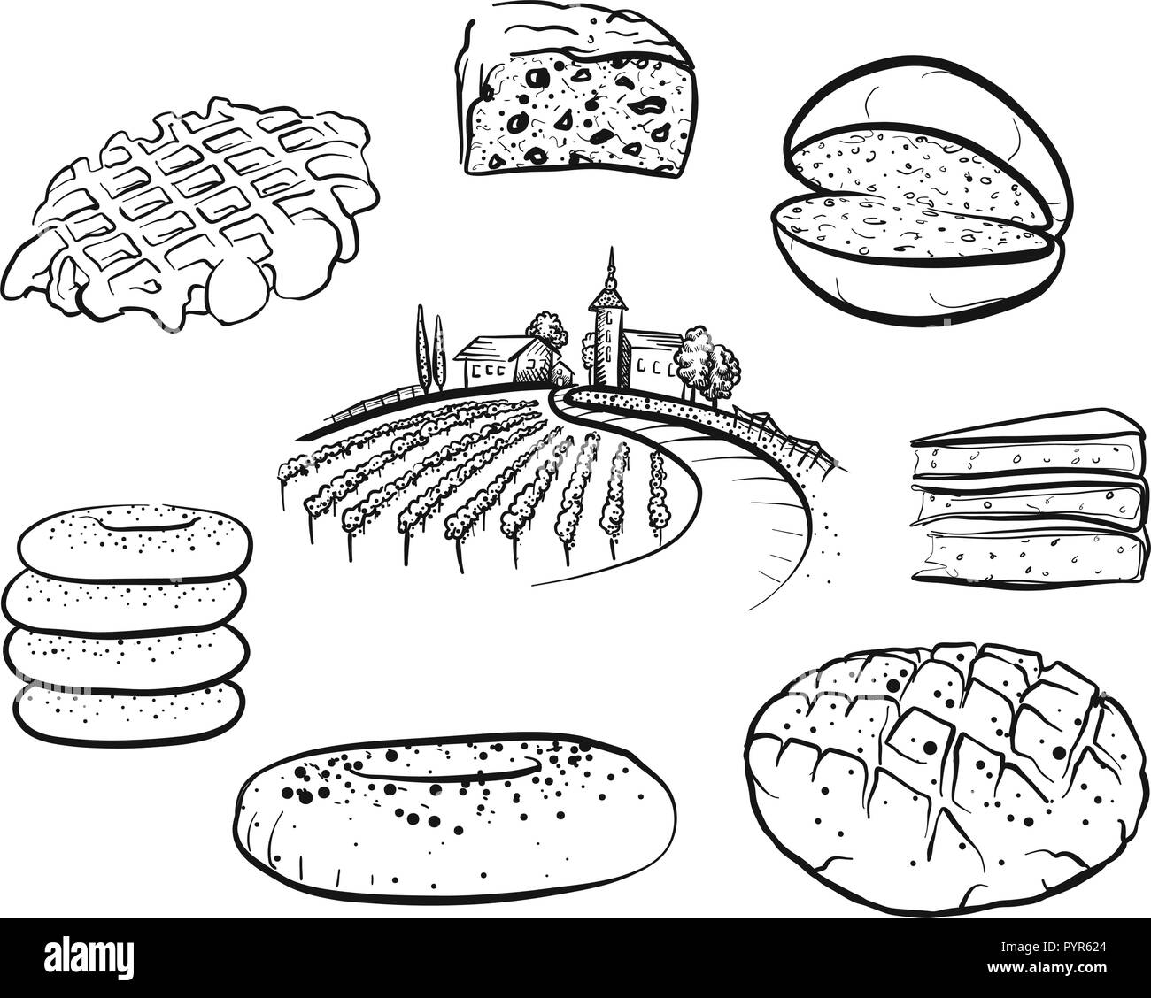 Ensemble d'icônes alimentaire pain dessiné à la main. Contour noir les dessins vectoriels. Illustration de Vecteur
