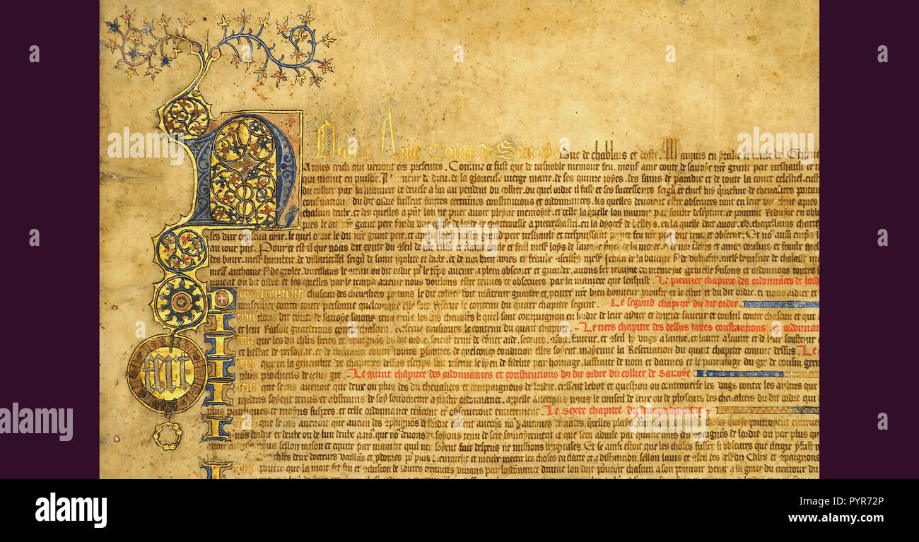 96 X 70 cm de papier sulfurisé Statuts de l'ordre du collier, appelé plus tard l'annonciation renouvelé par Amedeo VIII 13 février 1434 - partie. de devise de la maison de Savoie Fert Banque D'Images