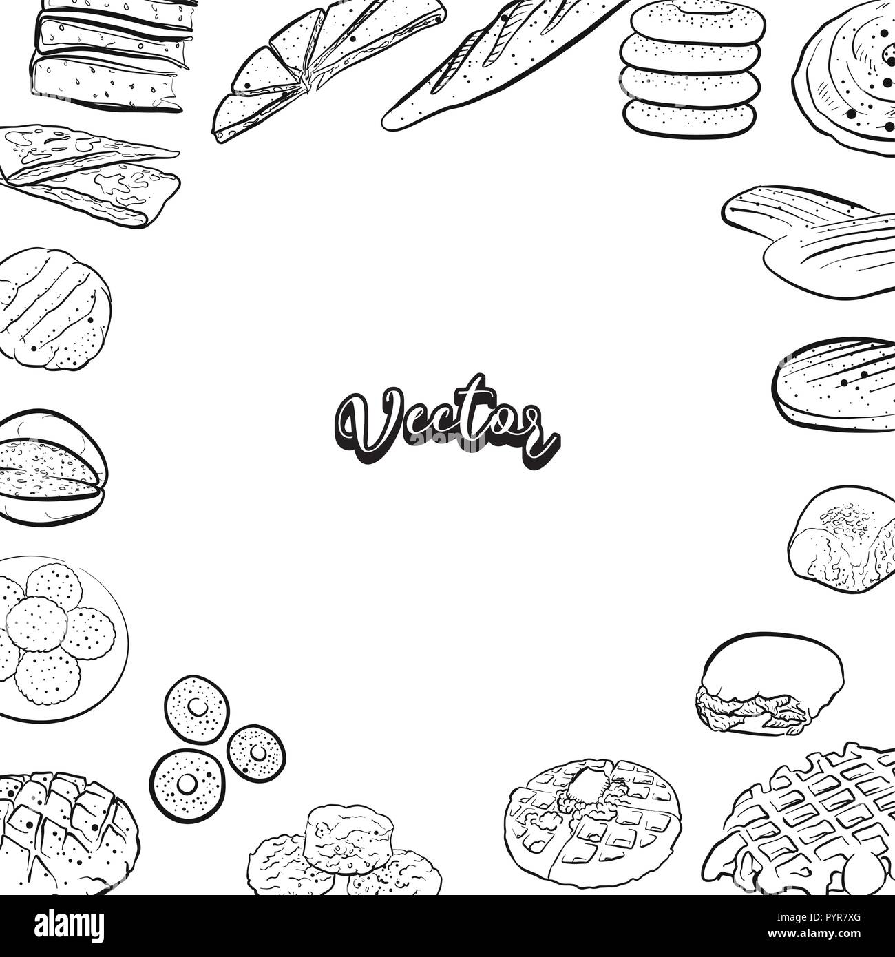 Pain dessinés à la main, icônes, l'arrière-plan du menu. Vector illustration alimentaire. Illustration de Vecteur