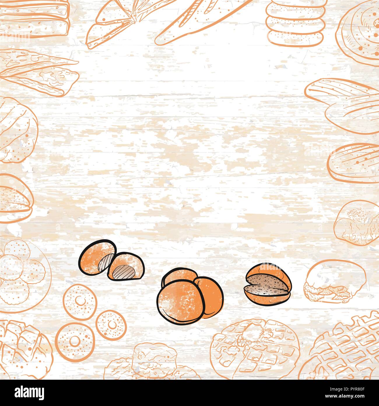 Icônes sur fond de boulangerie vintage. Vector illustration alimentaire. Illustration de Vecteur