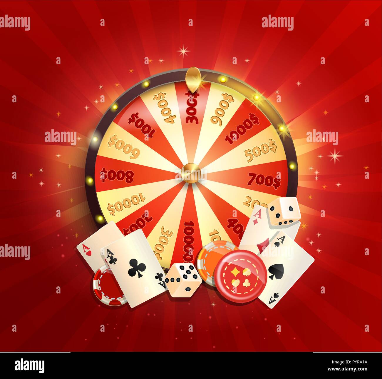 Flyer pour le casino en ligne avec des cartes de poker, jetons, dés, roues de fortune et d'autres éléments de conception de jeu. D'un bandeau ou d'un modèle d'affiche sur fond rouge brillant. Vector illustration. Illustration de Vecteur