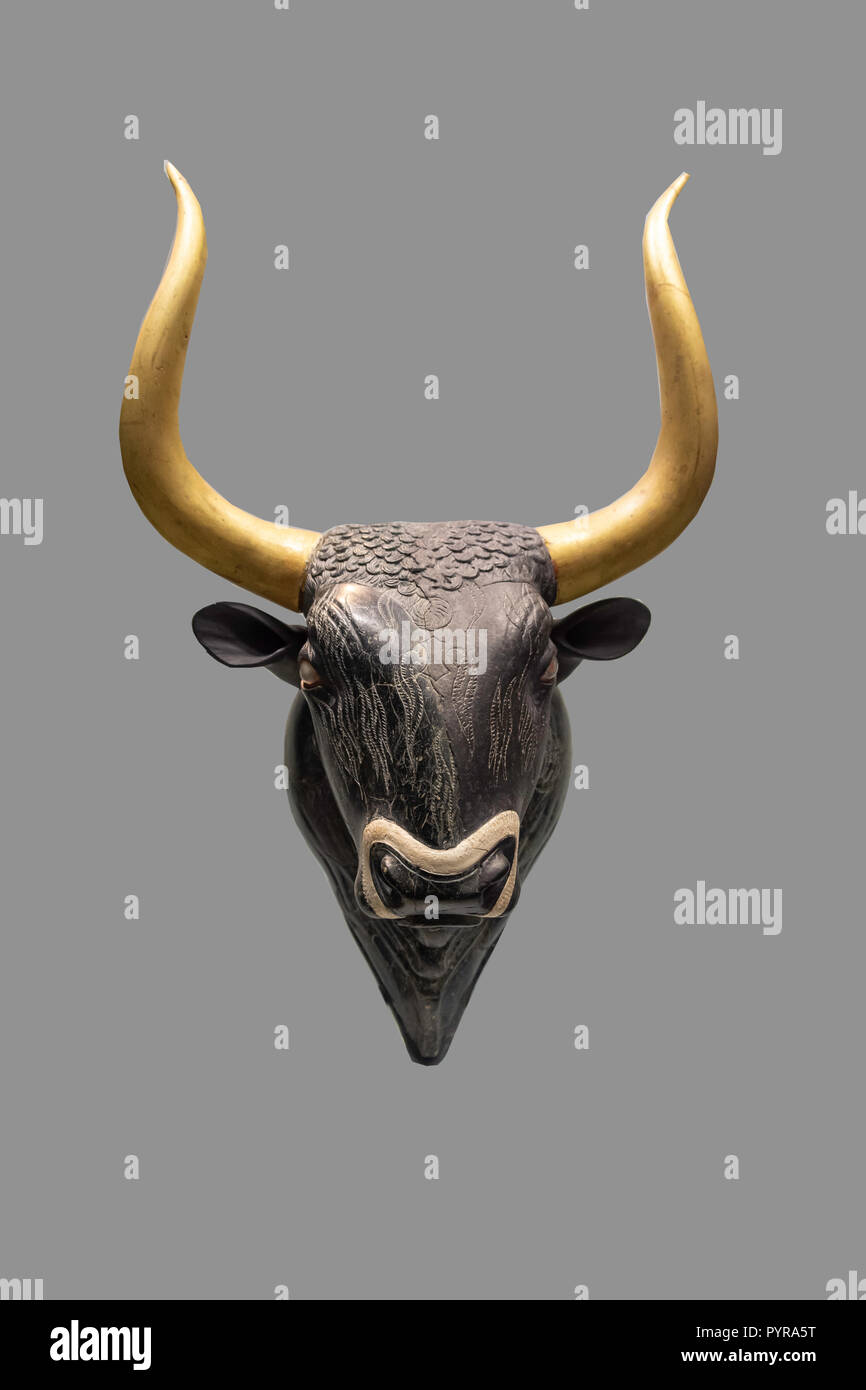 Pierre minoen, tête de taureau rhyton avec cornes, Musée archéologique d'Héraklion, Héraklion (Irakleio), Région Irakleio, Crète, Grèce (Crète) Banque D'Images
