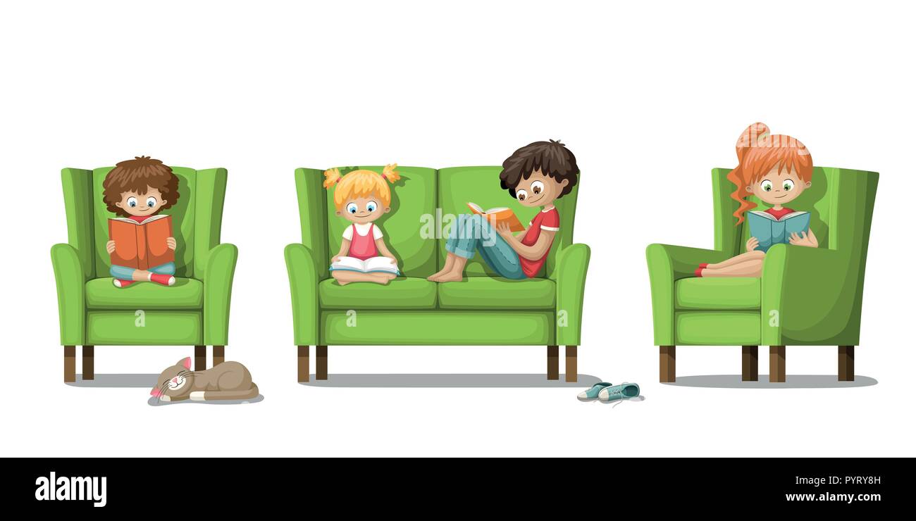 Certains enfants sont assis sur le canapé et la lecture d'un livre Illustration de Vecteur