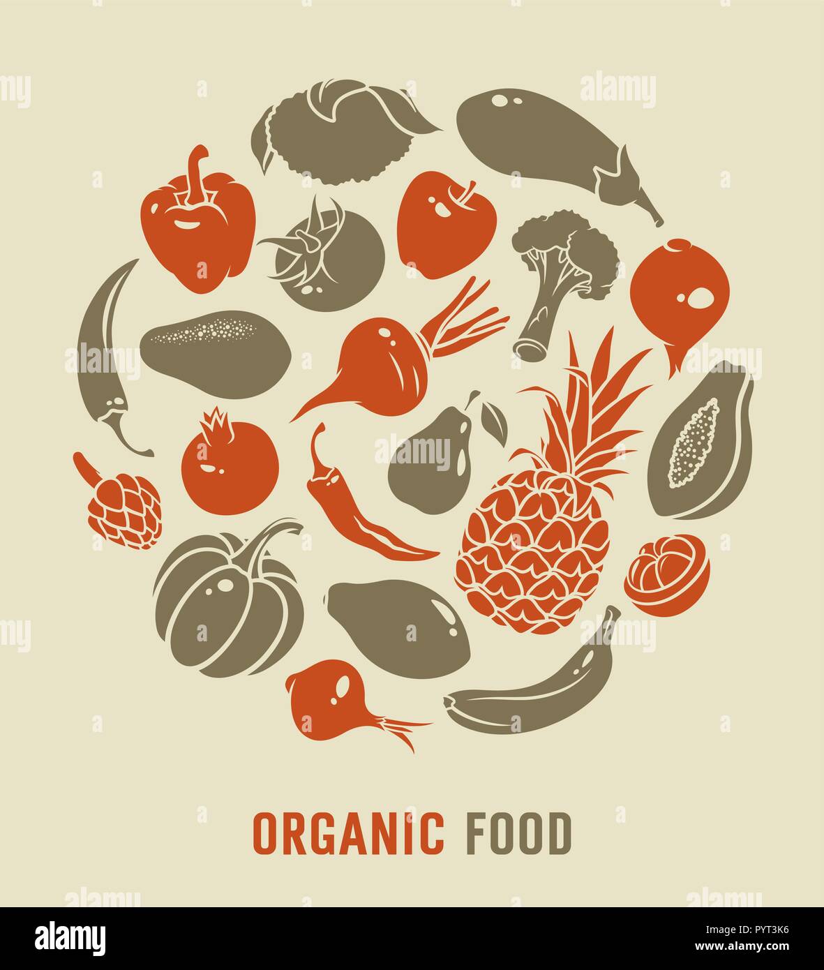 Les aliments biologiques vector illustration avec silhouettes de légumes et fruits Illustration de Vecteur