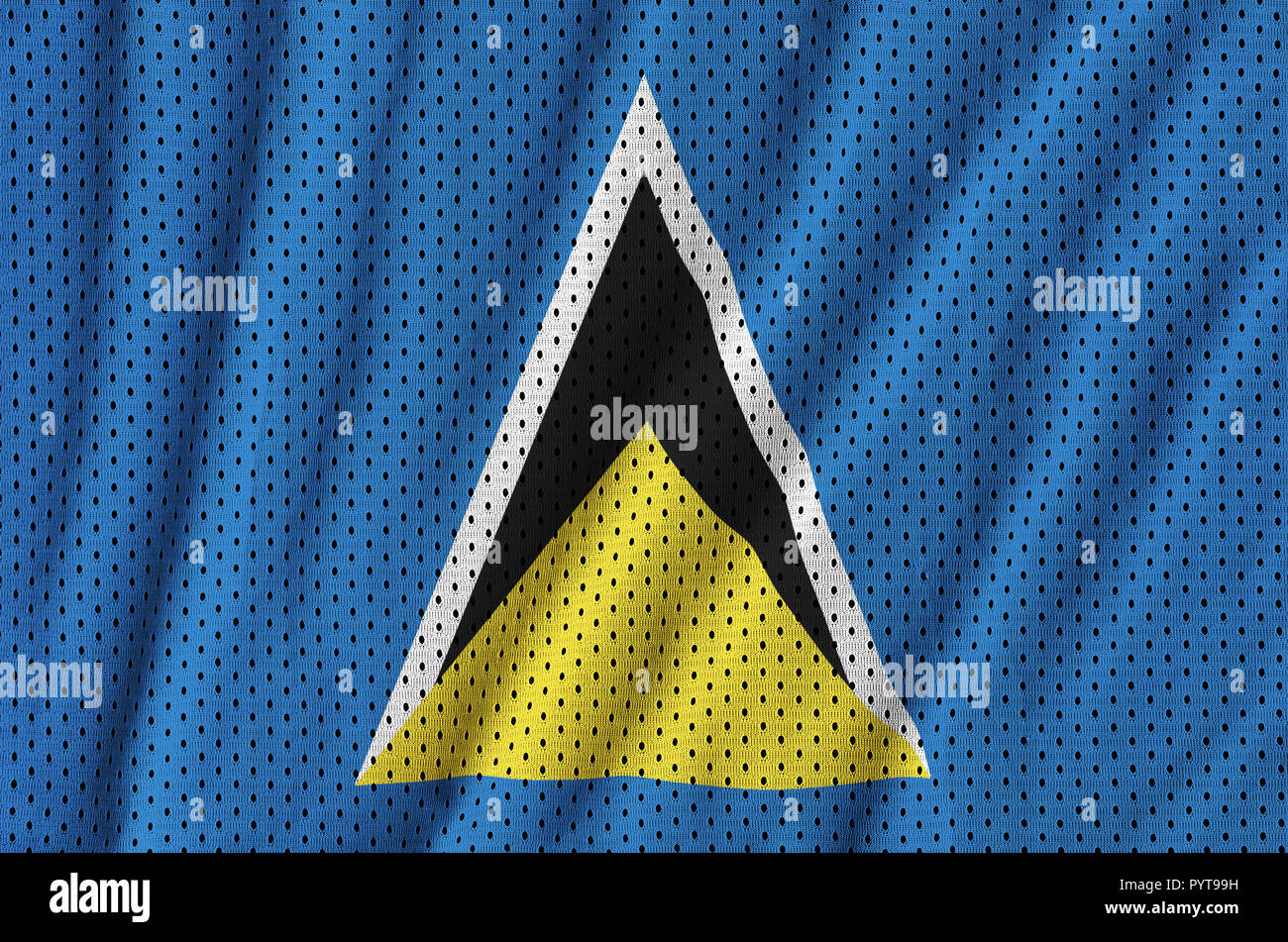 Saint Lucia flag imprimé sur un tissu maille nylon polyester sportswear avec certains plis Banque D'Images