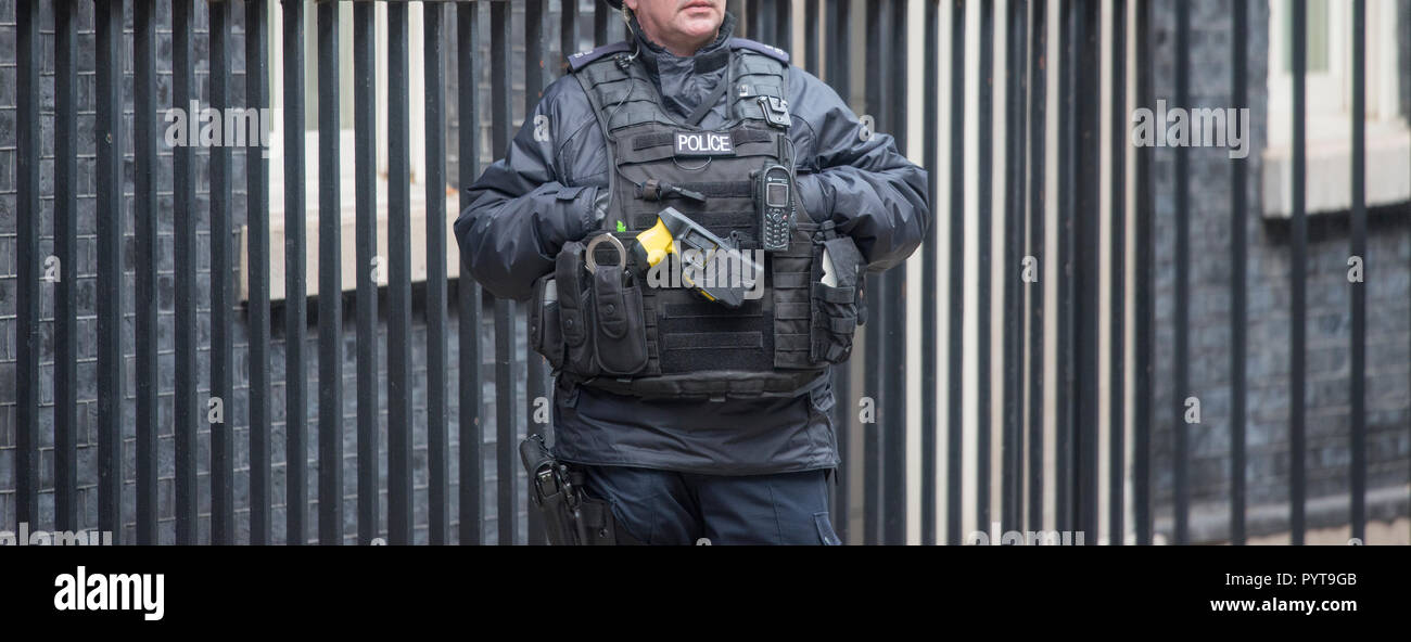 Agent de police en uniforme, armés de la garde à l'extérieur au 10 Downing Street avec de l'équipement et de protection gilet, octobre 2018. Banque D'Images
