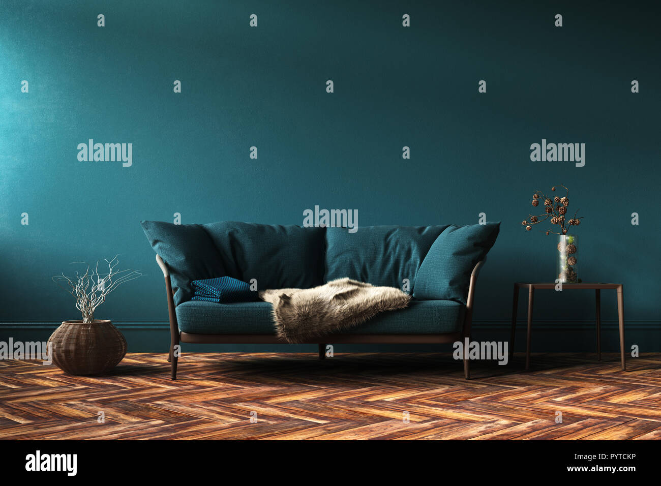 Home intérieur mock-up vert avec canapé, table et de décor dans la salle de séjour, 3D render Banque D'Images
