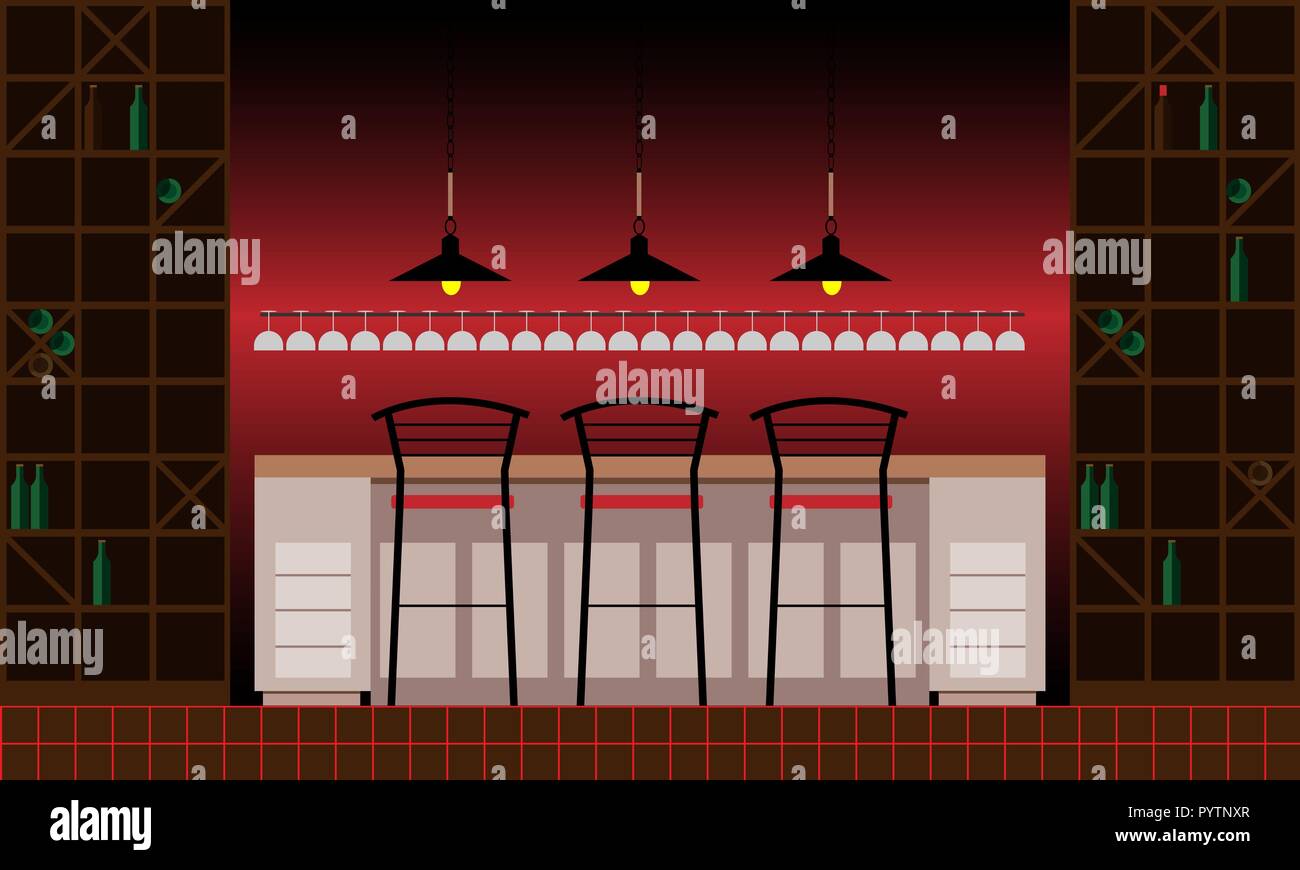 Création de boisson. Intérieur de pub, café ou un bar. Comptoir bar, chaises et d'étagères avec des bouteilles d'alcool. Décor en bois. Vector illustration en télévision Illustration de Vecteur