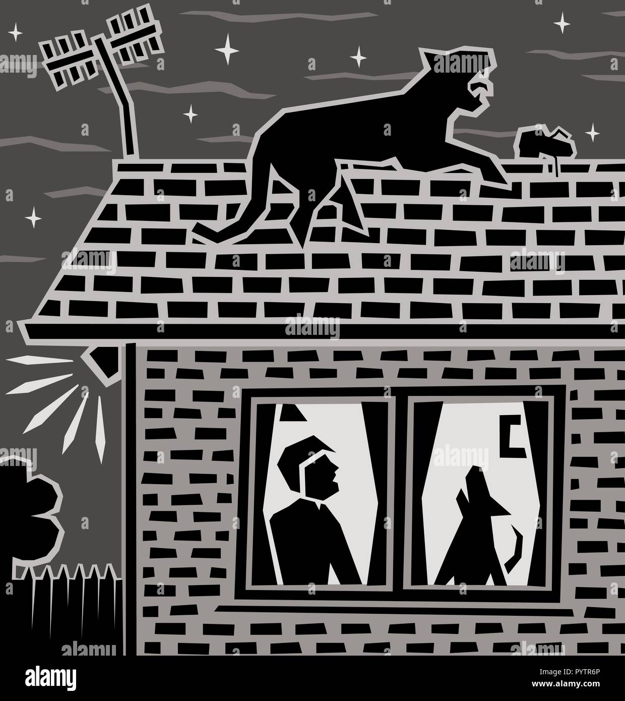 Illustration vectorielle modifiable d'un Leopard sur un toit de maison la nuit Illustration de Vecteur