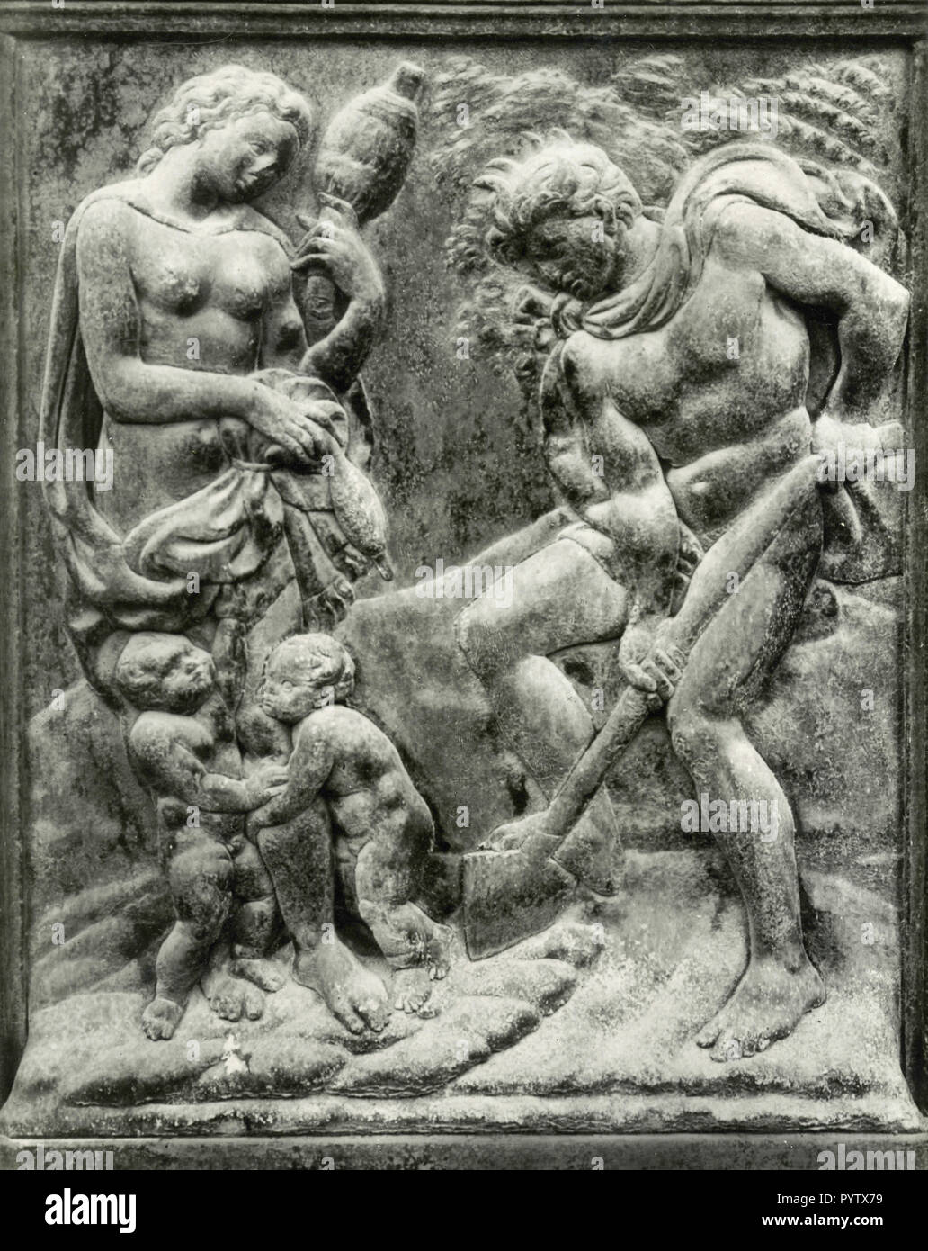 Condamné à travailler, panneau de bronze de Jacopo della Quercia, l'église de S. Petronio, Bologne, Italie 1930 Banque D'Images