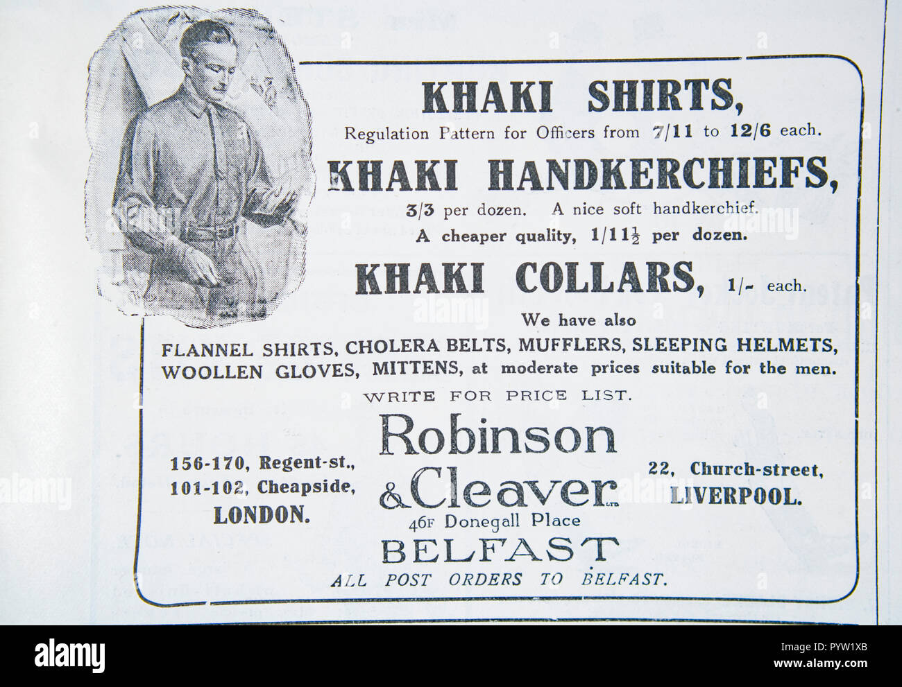 Une vieille publicité pour les vêtements kaki. À partir d'un magazine britannique au cours de la période 1914-1918. England UK GO Banque D'Images