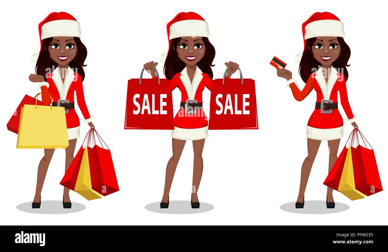 Joyeux Noël et Bonne Année. Femme afro-américaine à Santa Claus costume, ensemble de trois poses. Personnage détient les sacs et titulaire Illustration de Vecteur