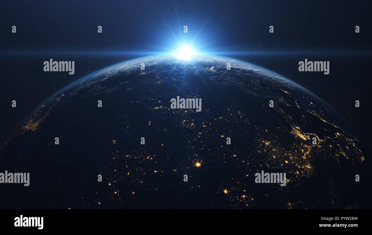 Lever de soleil vu de l'espace au-dessus de la planète terre et de l'Europe Banque D'Images