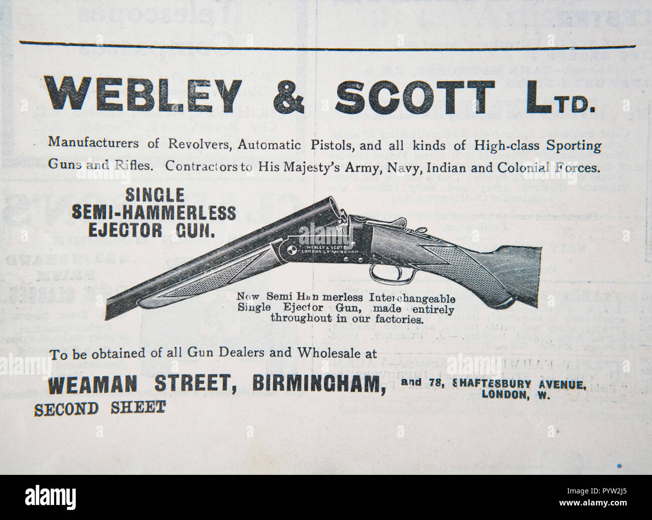 Une vieille publicité pour WEBLEY & SCOTT d'armes à feu. À partir d'un magazine britannique au cours de la période 1914-1918. England UK GO Banque D'Images