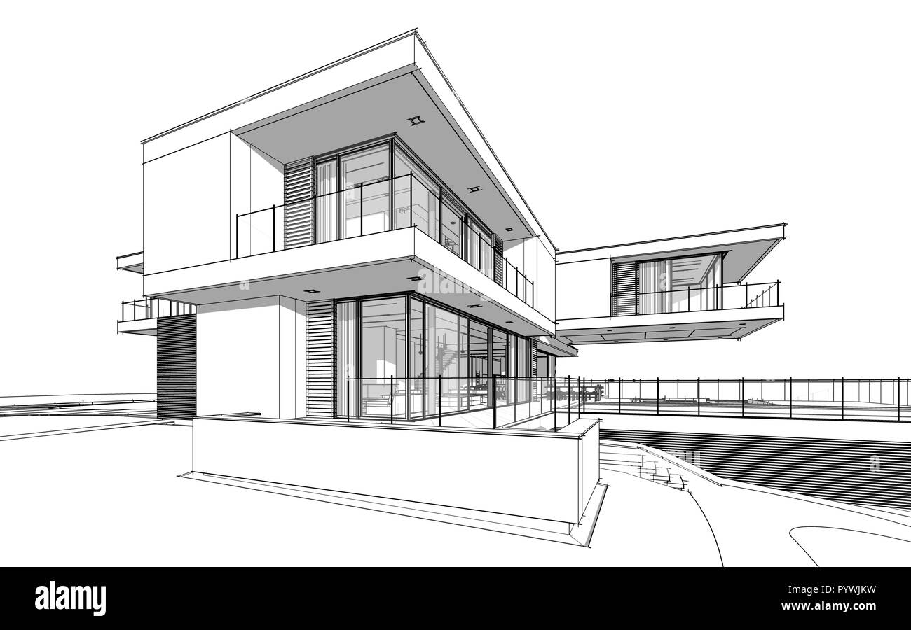 Le rendu 3D croquis de maison confortable moderne par la rivière avec garage à vendre ou à louer. Croquis d'une ligne noire douce lumière ombres sur fond blanc. Banque D'Images
