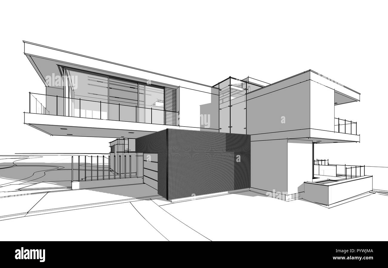Le rendu 3D croquis de maison confortable moderne par la rivière avec garage à vendre ou à louer. Croquis d'une ligne noire douce lumière ombres sur fond blanc. Banque D'Images