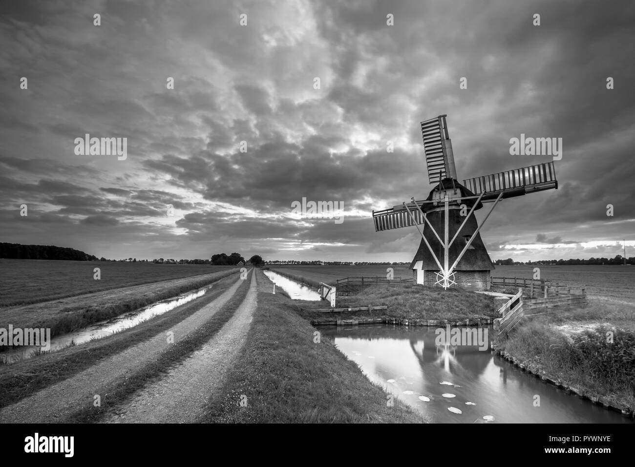 Ancien moulin à vent en bois le long d'un chemin rural dans paysage de polders aux Pays-Bas. En noir et blanc. Dans le passé, ces bâtiments utilisés pour jouer un rôle dans Banque D'Images