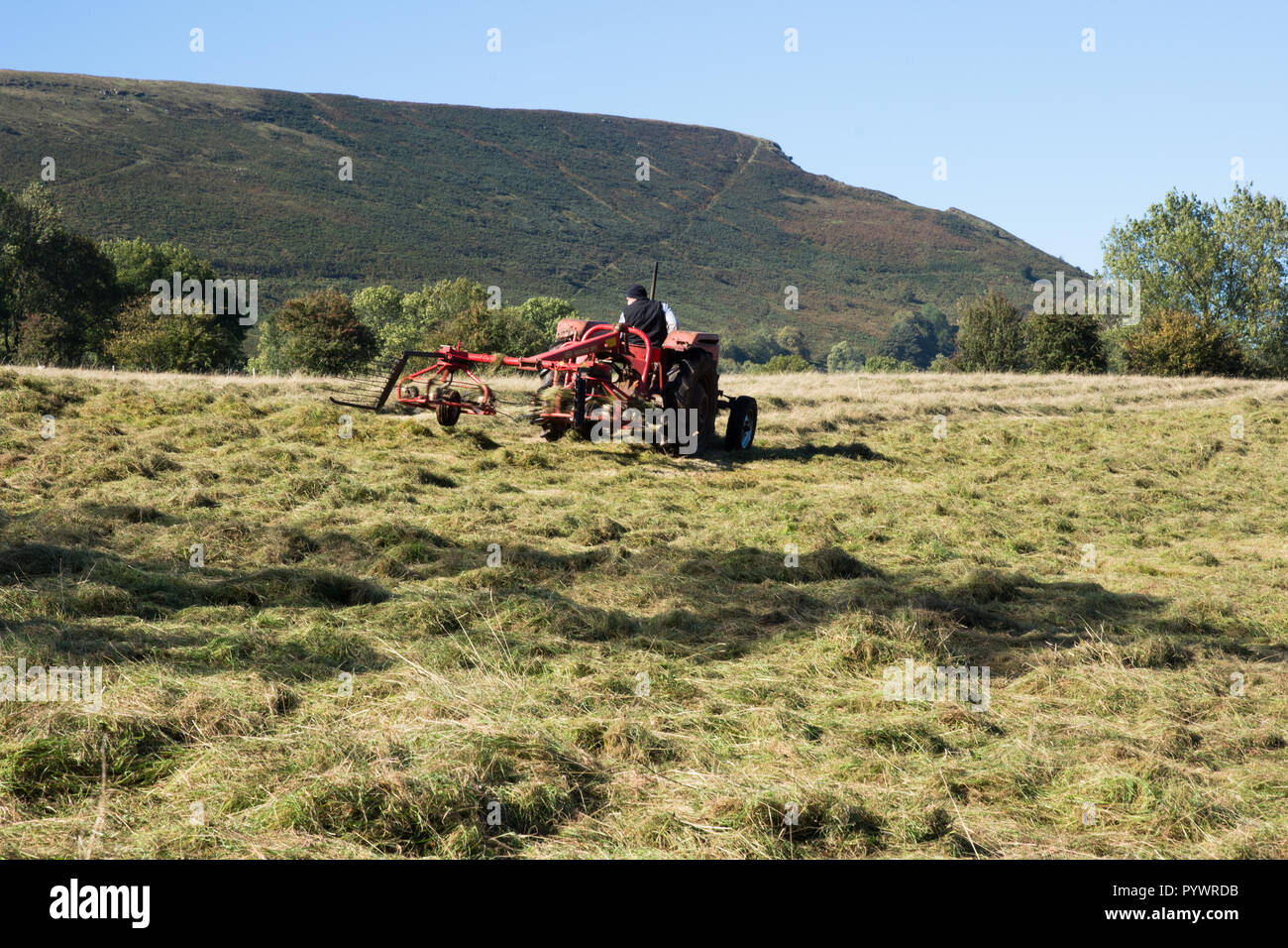 La fenaison près d'Offas Dyke Herefordshire UK 2018 avec tracteur vintage Banque D'Images