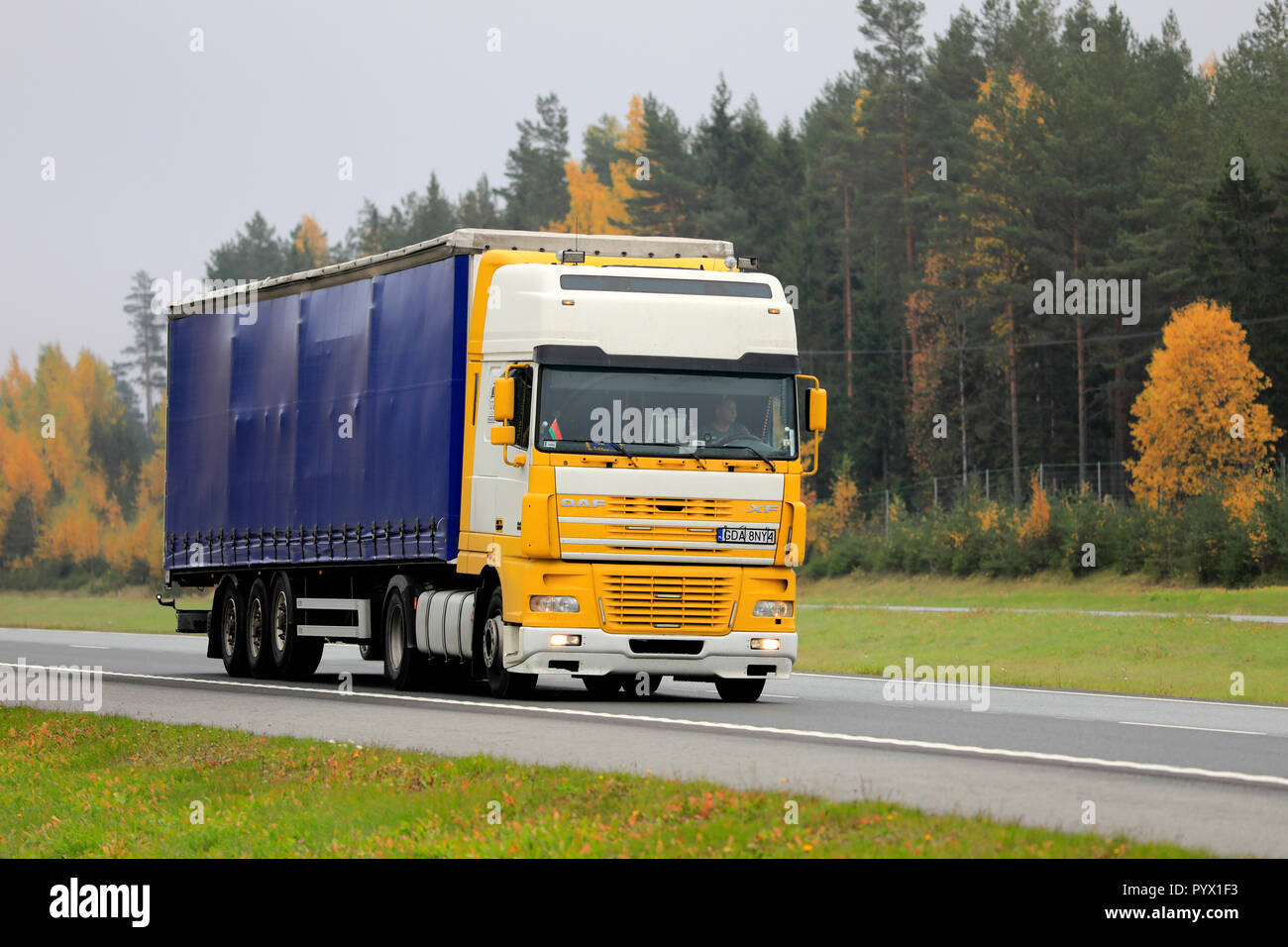 Salo, Finlande - le 12 octobre 2018 : jaune et blanc DAF XF semi truck à la vitesse sur autoroute, dans le sud de la Finlande en un jour brumeux de l'automne. Banque D'Images