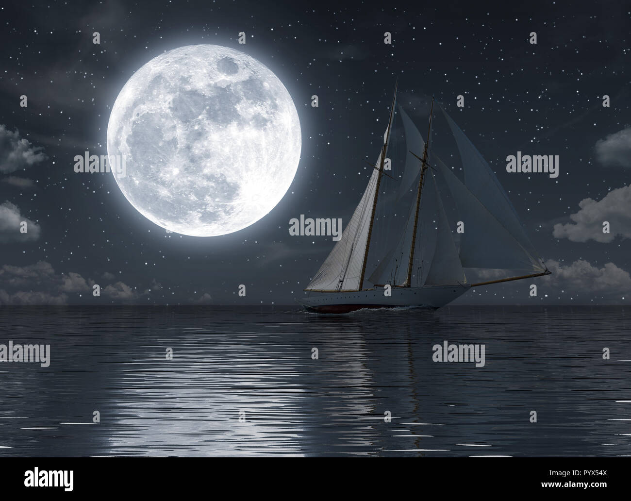 Voilier sur la mer de nuit avec la pleine lune Photo Stock - Alamy