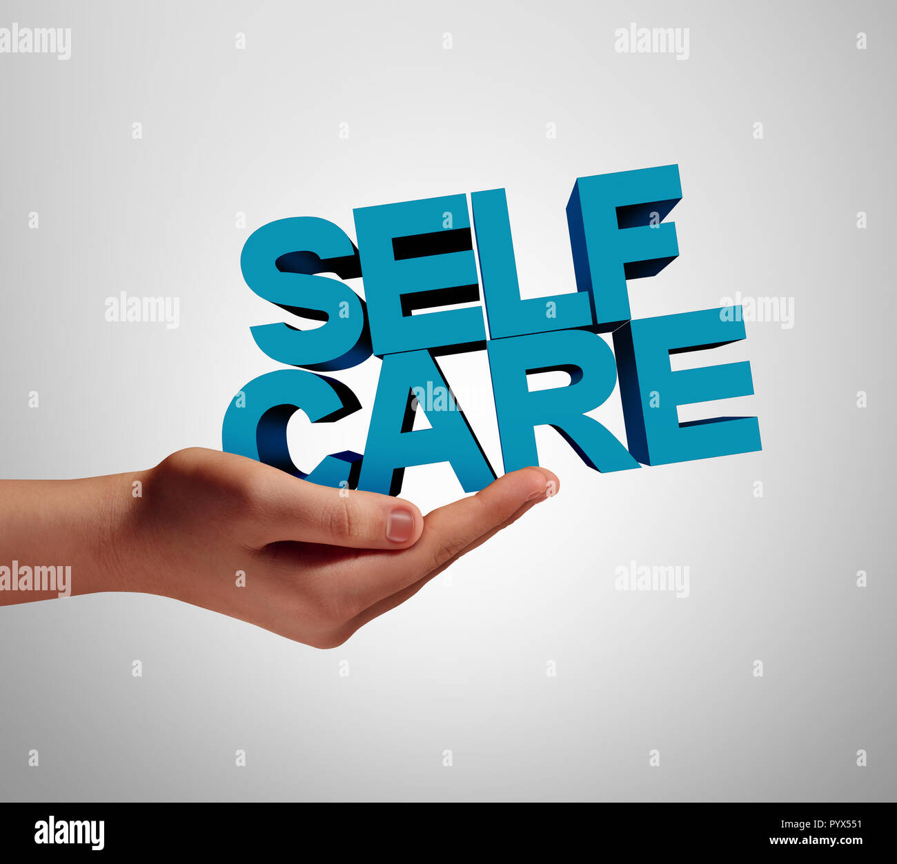 L'autogestion de la santé et du mieux-être individuel soutien de la santé comme médecine ou le bien-être concept avec une main tenant le texte avec illustration 3D éléments. Banque D'Images