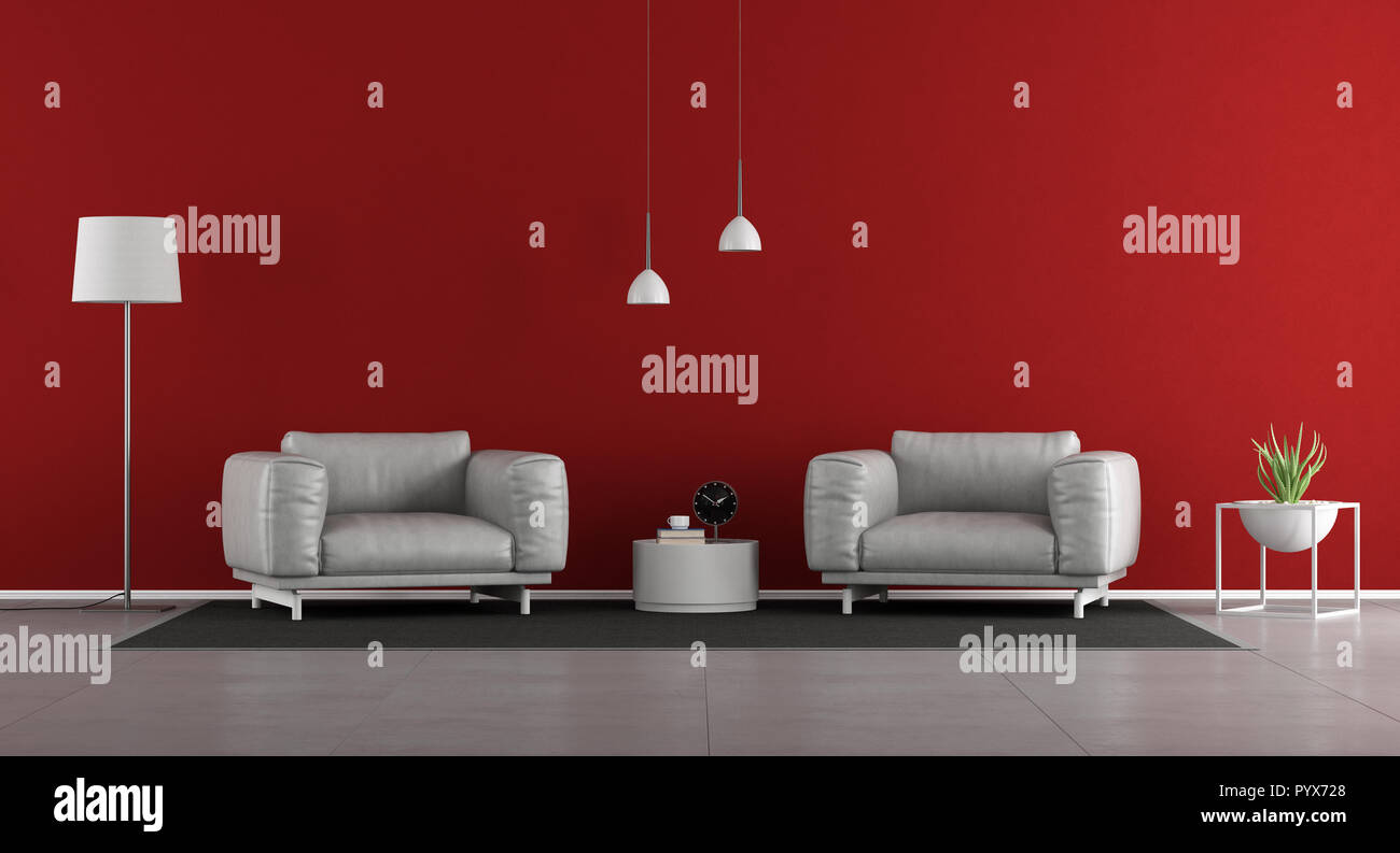 Salon minimaliste avec deux fauteuils contre mur rouge - 3D Rendering Banque D'Images