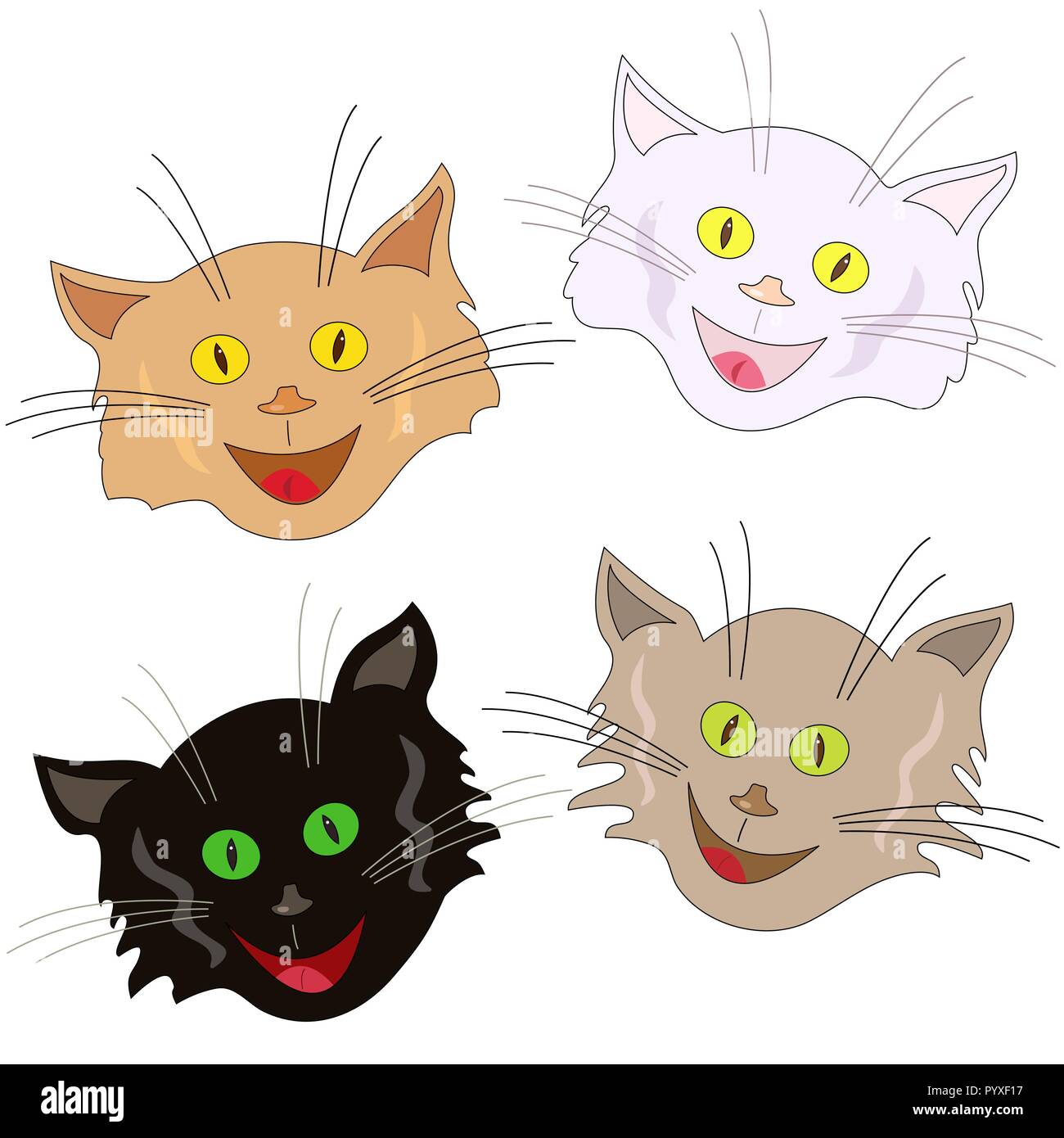 Ensemble de quatre joyeux visages drôles de chat comme masques isolé sur un fond blanc, cartoon vector illustration Illustration de Vecteur