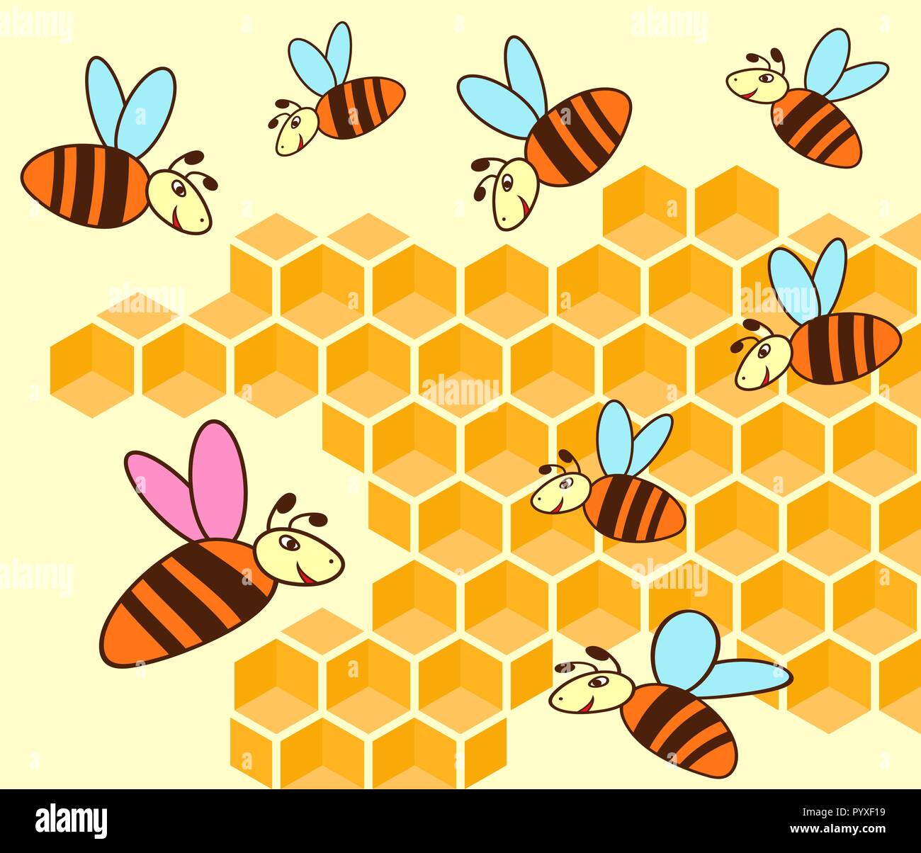 La reine des abeilles et les abeilles voler au-dessus de honeycomb, dessin à la main cartoon vector illustration Illustration de Vecteur