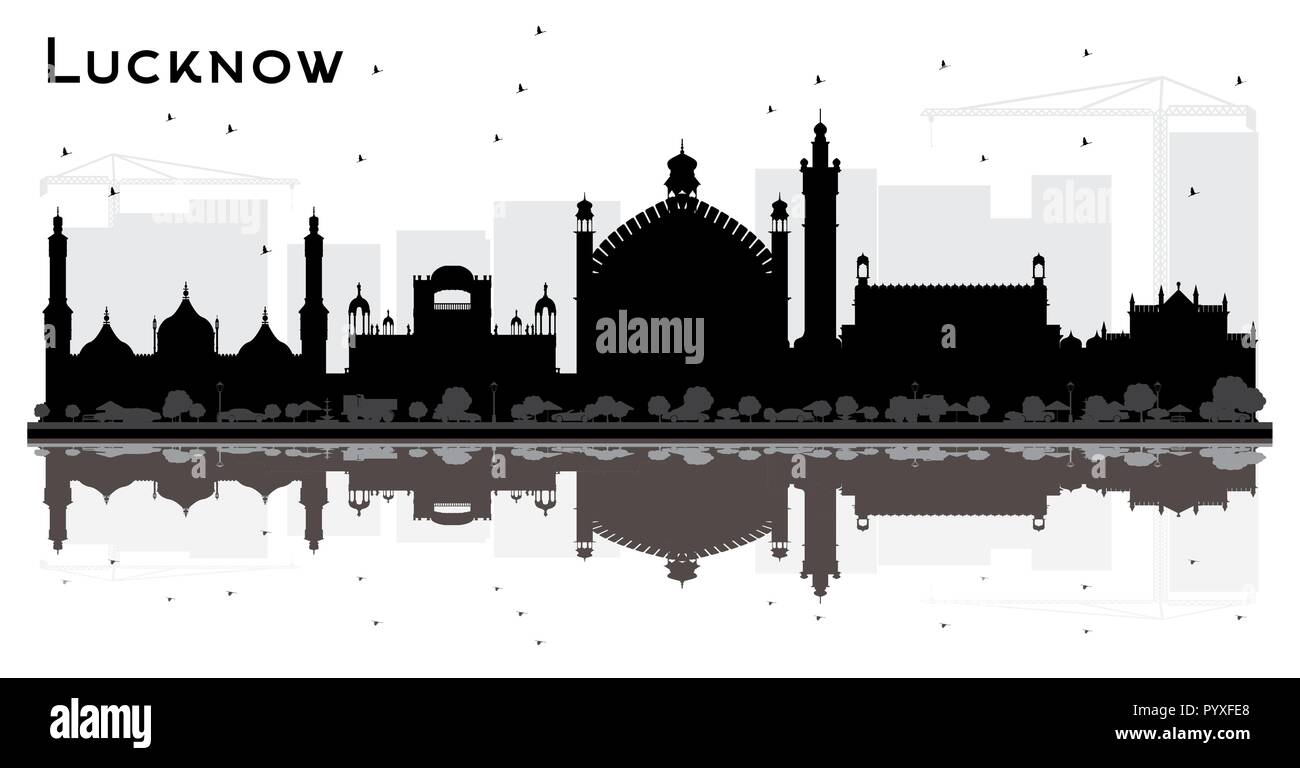 L'Inde Lucknow City Skyline Silhouette aux bâtiments noir et de réflexions. Vector Illustration. Illustration de Vecteur