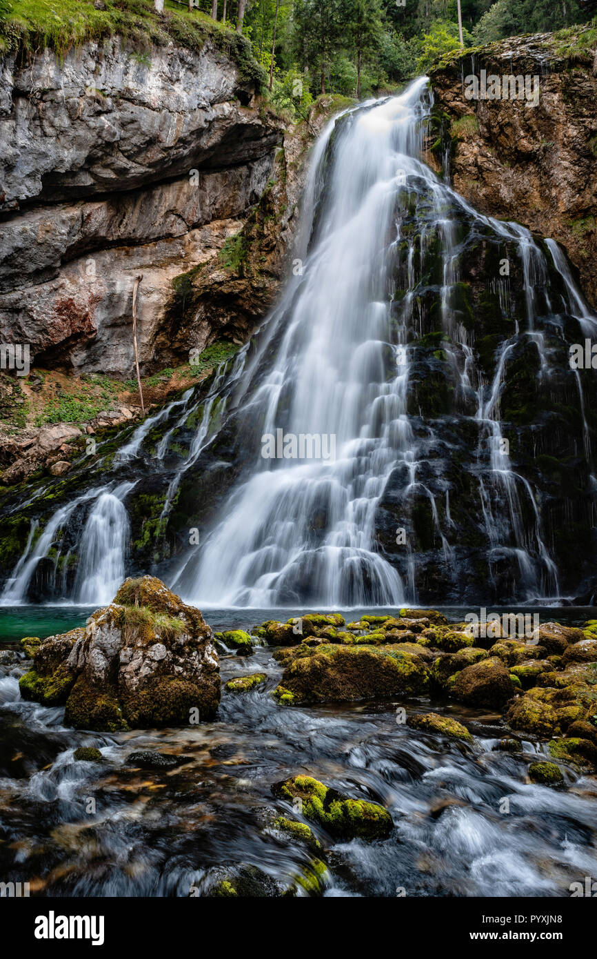 Belle vue sur célèbre Gollinger Wasserfall avec roches moussues et arbres verts, Abtenau, Autriche, Salzburger Land Banque D'Images