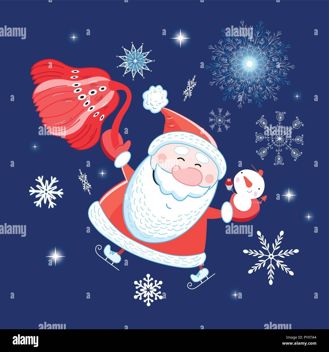 Carte postale lumineuse Nouvelle ans portrait du Père Noël sur fond bleu Illustration de Vecteur